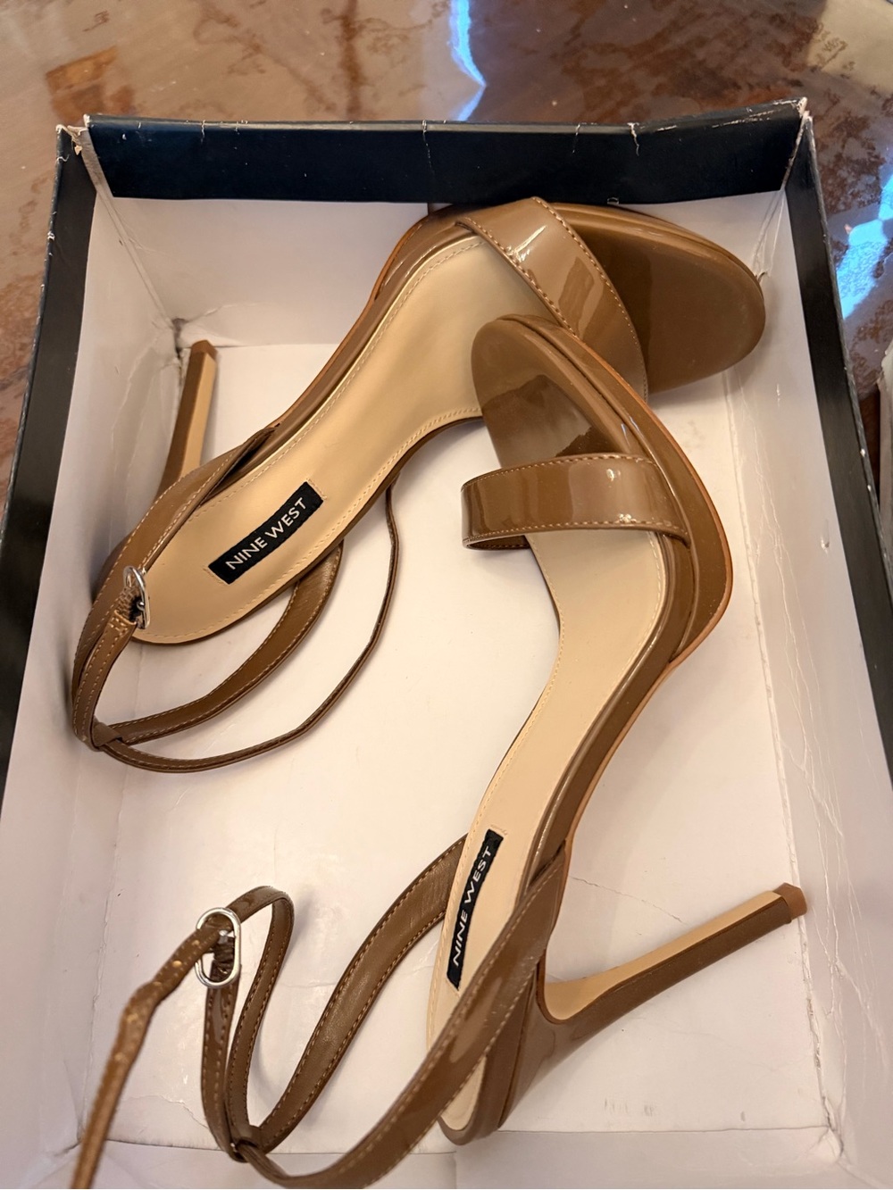 Loola Nine West Tan Patent Leather Stiletto Heel Sandals